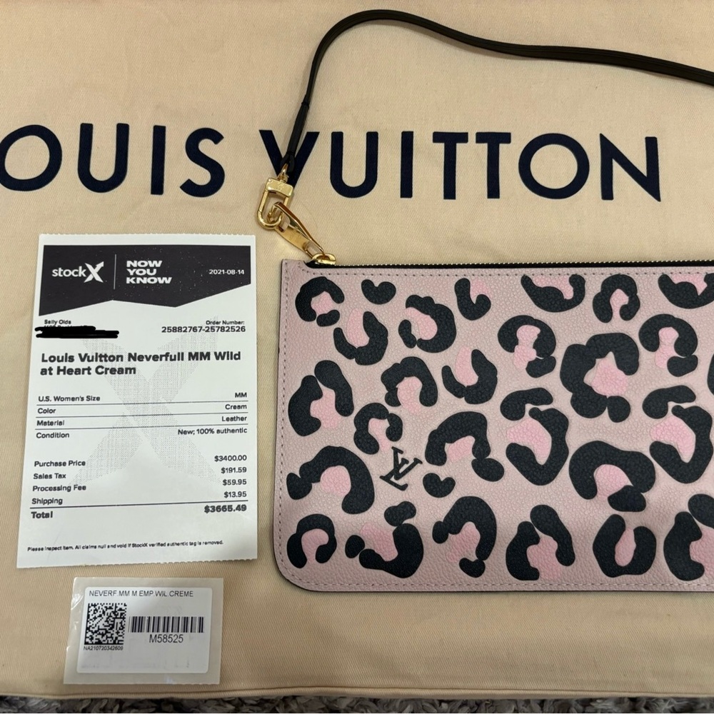 Authentic Louis Vuitton Pink and Black Leopard Print Neverfull Pochette (clutch)